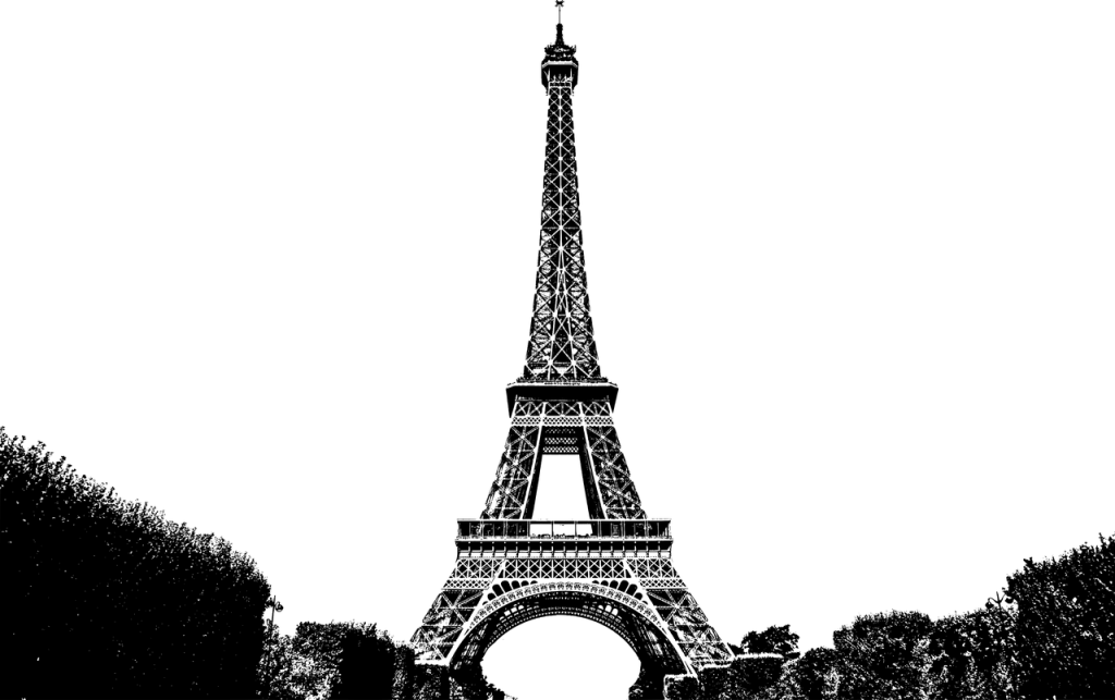 Black and white illustration of the Eiffel Tower in Paris