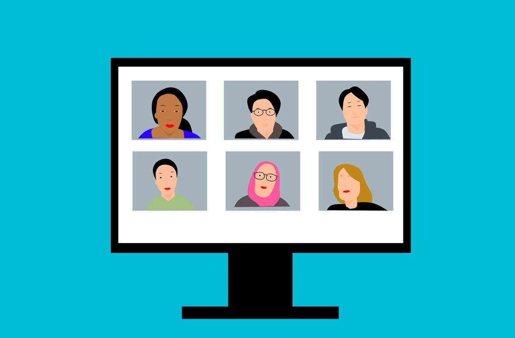 Illustration of a computer monitor on a blue blackground. On the monitor, six faces are in an online meeting