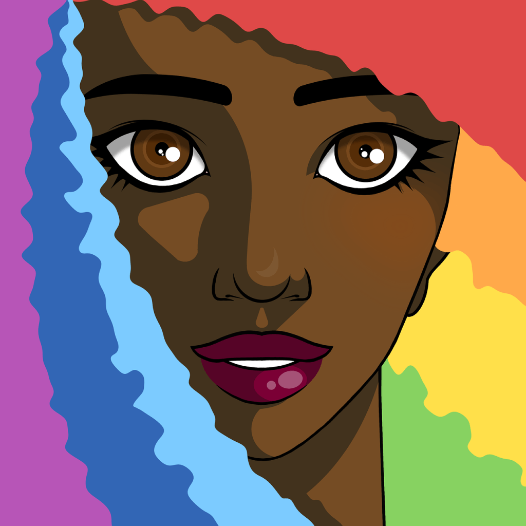 Illustration of a person with pink lipstick and rainbow hair