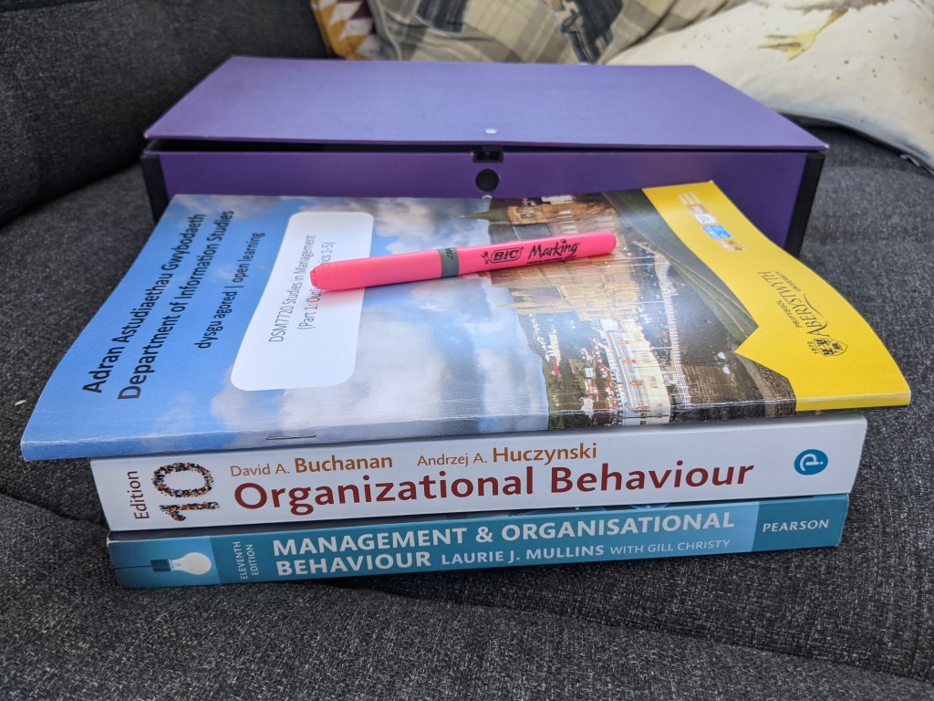 A pile of management textbooks on a sofa, with a pink higligter pen on top