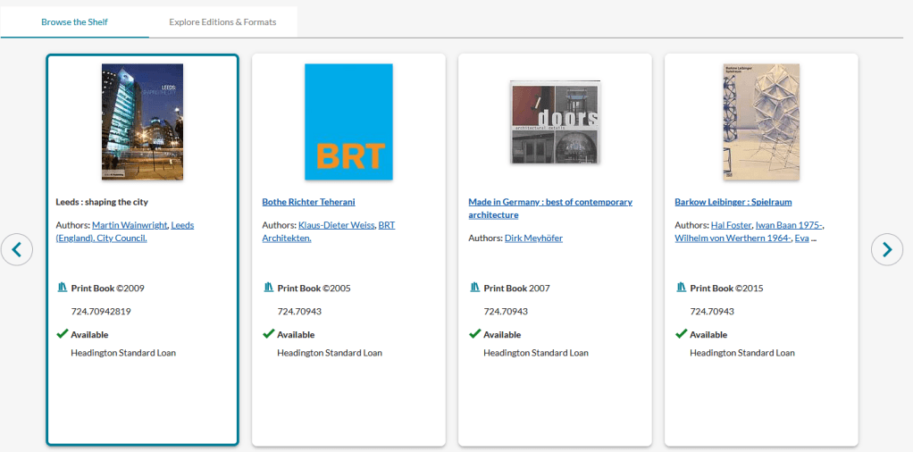 Details of three books on urban architecture are shown side by side, in the order they would appear on the shelf.