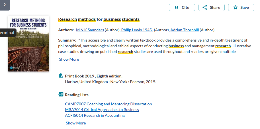 Item details of a book on research methods. It lists three reading lists that the book is on, with the option to see further reading lists by clicking on 'show more'