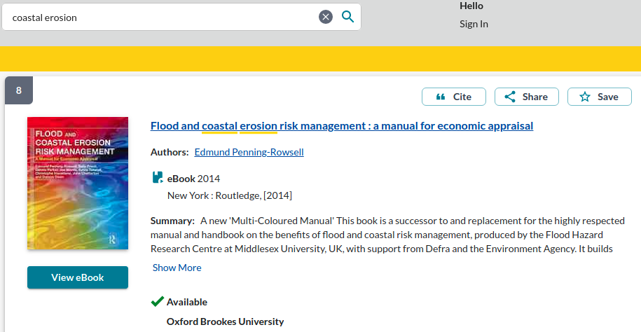 Screenshot of item details of a book called Flood and coastal erosion risk management: a manual for economic appraisal. The search words coastal and erosion are underlined in yellow.