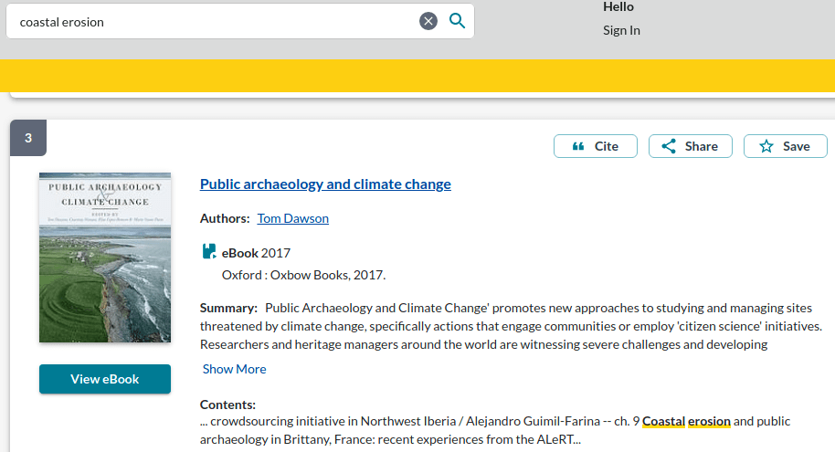 Screenshot of item details of a book called Public archaeology and climate change. The search words coastal and erosion appear in the book's table of contents and are underlined in yellow.