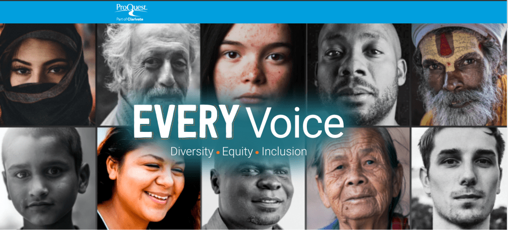 A grid of ten photographs of faces, with the text: EVERY Voice: diversity, equity, inclusion