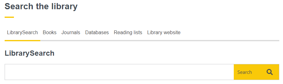 Screenshot of the LibrarySearch search box from the Oxford Brookes University Library website.
Text reads: 'Search the library'
Search options are: LibrarySearch, Books, Journals, Databases, Reading lists, Library website.
'LibrarySearch' is in bold above a long search box