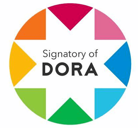 A logo of s star in a rainbow circle containing the words signatory of DORA.