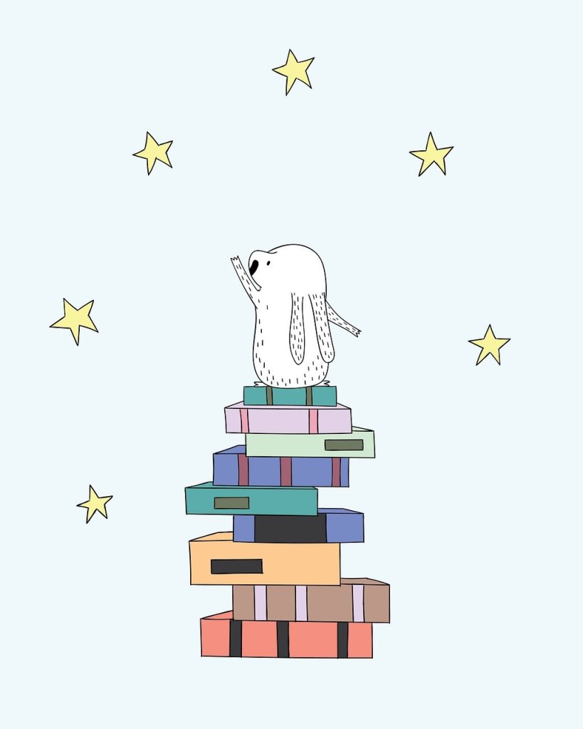 A cute animal stands on top of a pile of books and stretches a paw towards the stars