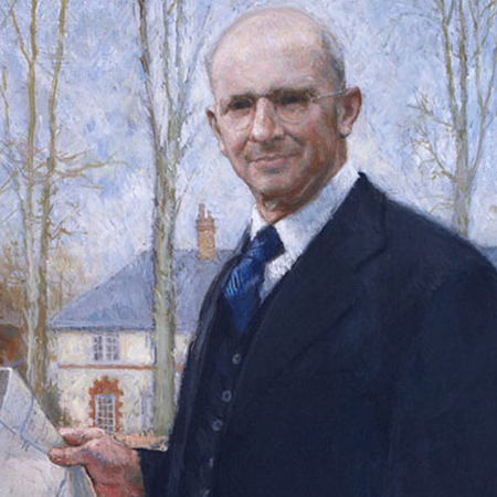 A painting of John Henry Brookes wearing a suit and tie and holding a large building plan
