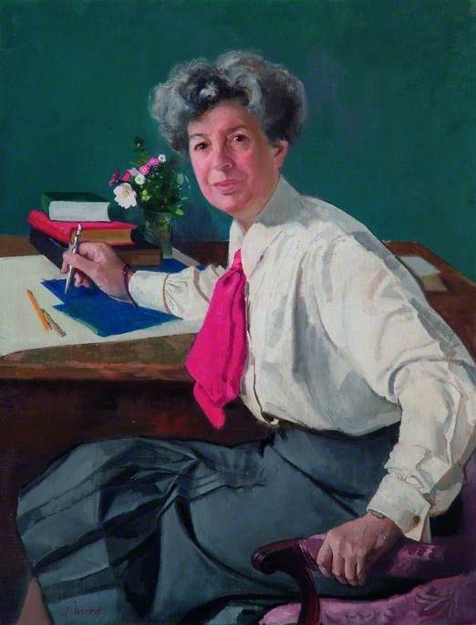 A painting of a woman sat at a desk. On the desk is a small vase of flowers, some books and papers. The lady is wearing a formal white shirt with a grey skirt and a bright pink scarf knotted like a tie.  
