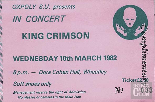 A gig ticket to a performance by King Crimson in the Dora Cohen Hall on 10 March 1982.