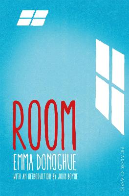Front cover of the book Room by Emma Donoghue. The cover illustration depicts a window pane and a rooflight.